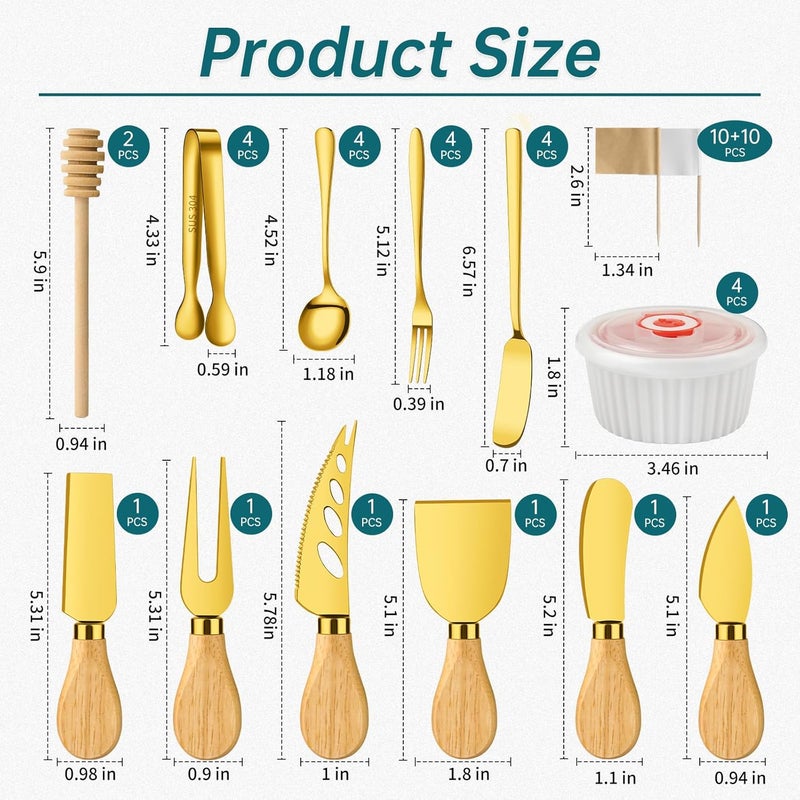 ELIMTEC Gold Charcuterie Boards Accessories Bowls Utensils, Cheese Knife Set Mini Butter Spreader, Serving Tongs, Forks, Spoons, Dipping Bowls with Lids, Toothpick Flag, Honey Dippers for Party Platter Making - Image 2